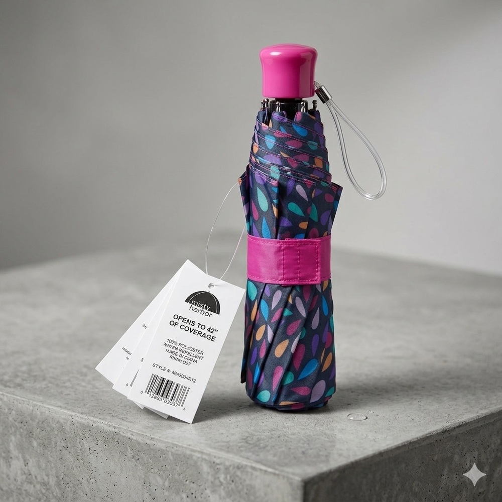 Misty Harbor Compact Pink Handle Women's Umbrella with Teardrop Print